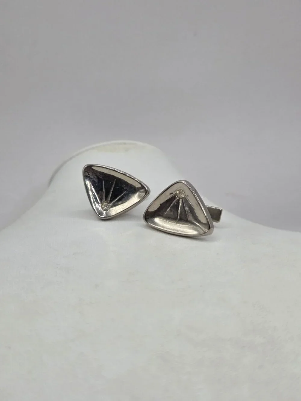 Vintage Modernist Sterling Silver Triangle Cufflinks With Starburst Design For M